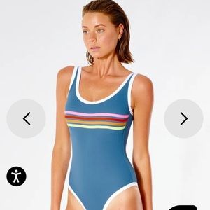 Rip Curl blue with rainbow striped one piece swimsuit